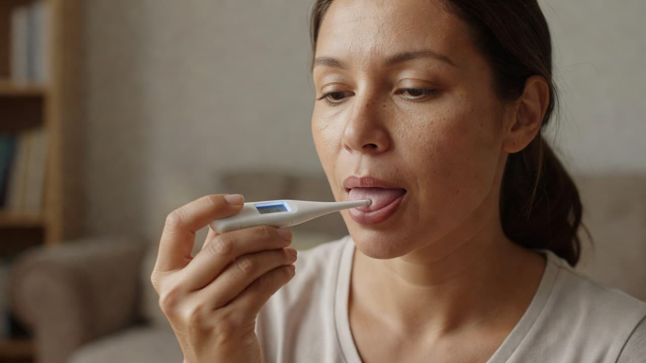 An adult holds a slim digital thermometer near their mouth while seated in a brightly lit room. The composition focuses on the hands and device to demonstrate proper clinical measurement technique.