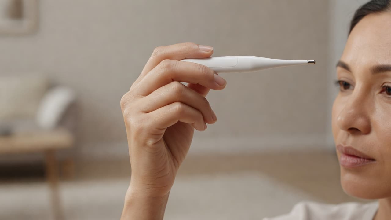 An adult hand holds a white digital thermometer against a forehead to check for fever. The background shows a calm, clean living space with soft natural indoor lighting during the day.