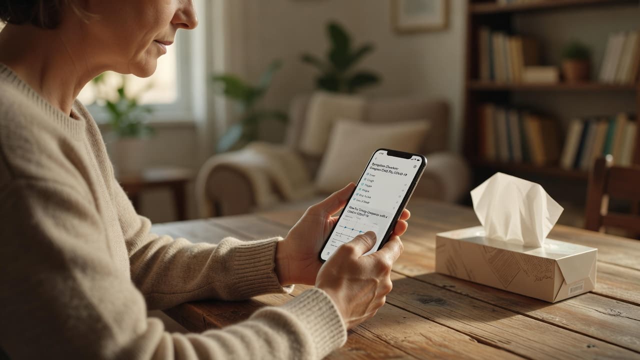 A person sits at a wooden table looking at their mobile phone, with a box of tissues nearby. The warm, soft lighting creates a quiet atmosphere for monitoring cold or flu health.