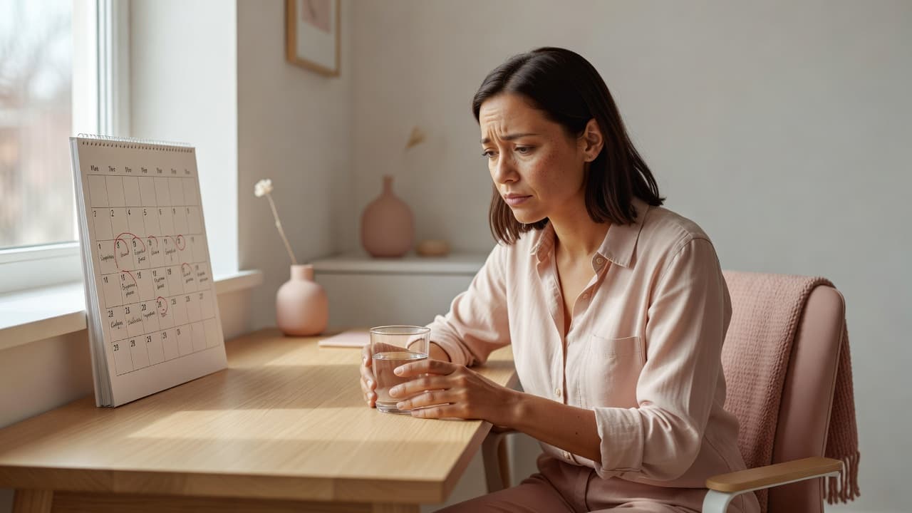 A person in their thirties sits at a minimalist wooden desk, frowning at a wall calendar while holding a glass of water. Soft morning sunlight illuminates the subtle pink decor nearby.