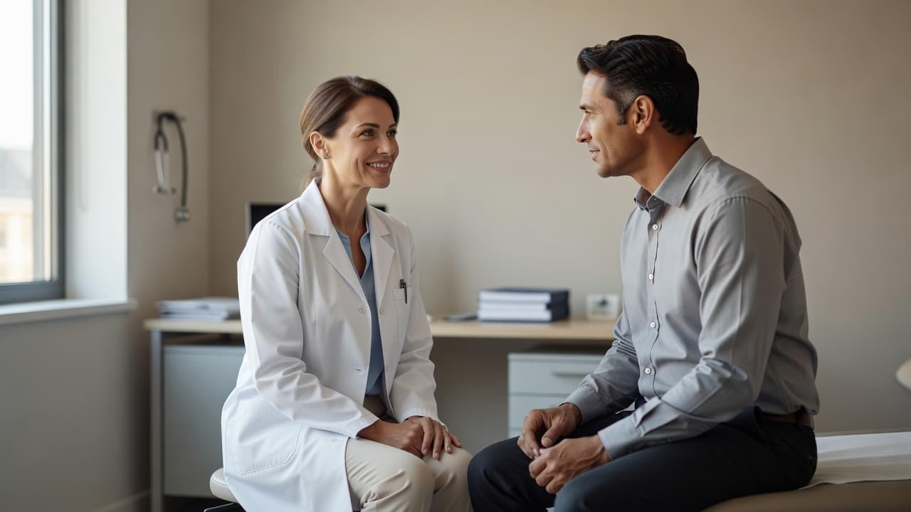 A focused doctor sits in a bright medical office, leaning forward to listen to an adult patient with empathy. Soft ambient sunlight illuminates their conversation, creating a calm and supportive atmosphere.
