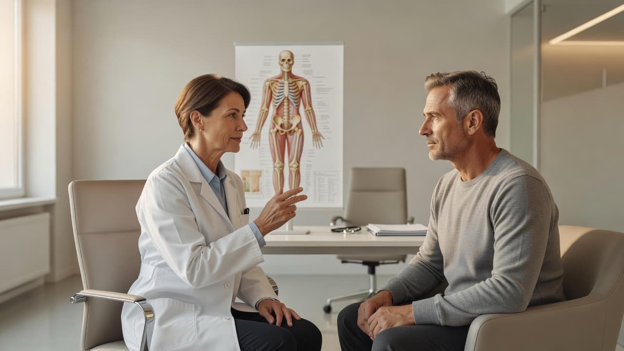 A focused physician sits in a bright, modern medical office while speaking calmly to a seated patient. They maintain friendly eye contact during an important conversation about wellness and personal health.