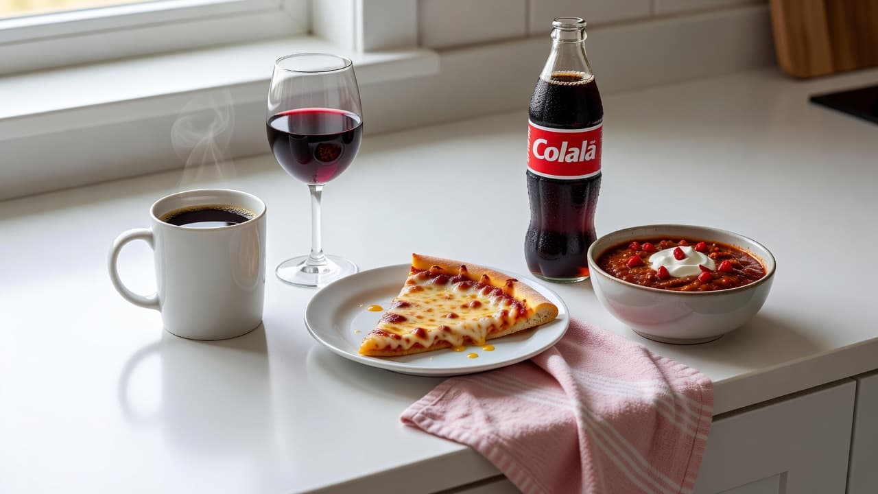 A kitchen counter displays a black coffee mug, wine glass, greasy pizza slice, soda bottle, and spicy chili bowl. A soft pink towel rests nearby under bright, clean natural kitchen light.