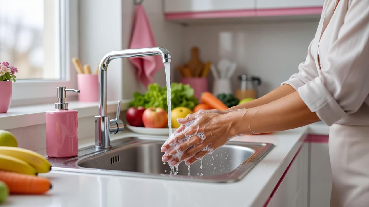 A person scrubs their hands under a running kitchen faucet. Fresh vegetables and fruit sit on the counter in the background, with soft pink decor accents creating a clean, professional aesthetic.