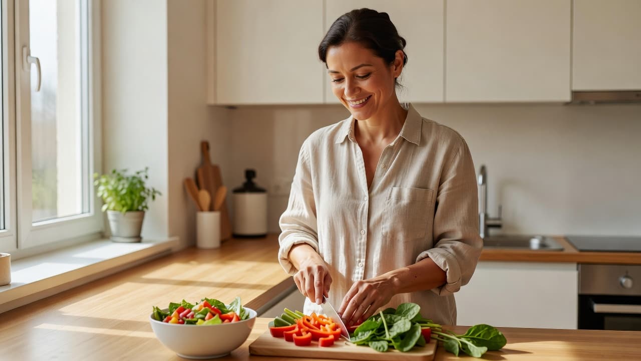 A smiling middle-aged individual chops crisp fresh vegetables on a wooden cutting board inside a sunlit kitchen. Glass bowls of colorful produce rest on the clean countertop during food preparation.