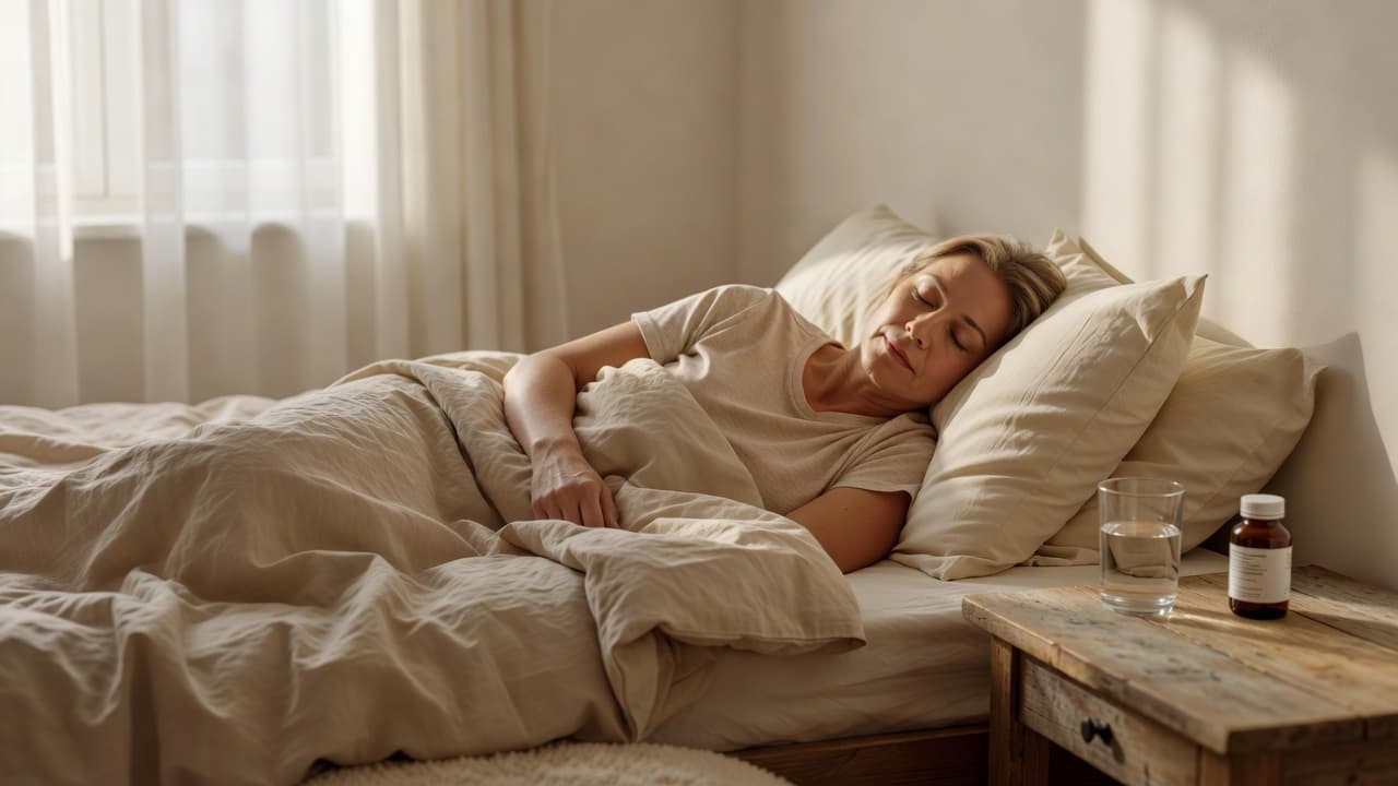 An adult rests under soft blankets in a sunlit bedroom. On the bedside table sits a clear glass of water and a medication bottle, signaling a quiet period of home recovery.