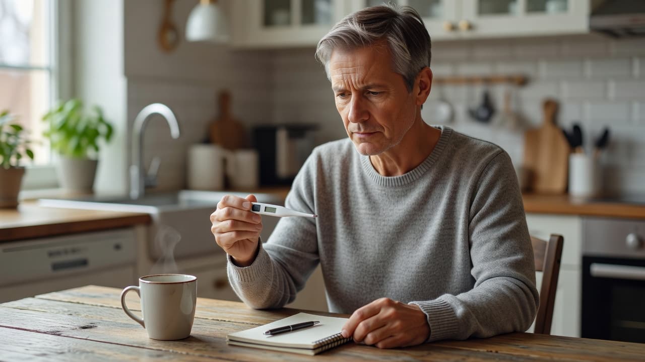 An adult sits at a wooden kitchen table, intently reviewing a digital thermometer reading. Soft natural light flows from a window, highlighting the focused expression in this quiet, authentic home environment.