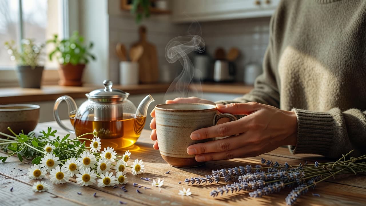 Soft morning light streams through a window as a pair of hands cradles a steaming ceramic mug. A kitchen counter provides the backdrop for this peaceful ritual of daily hydration.
