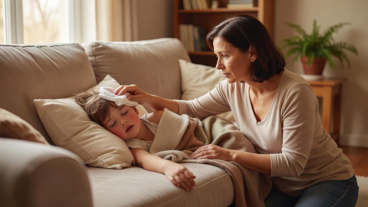 A focused parent gently applies a damp washcloth to the forehead of a resting child. They sit together on a plush living room sofa bathed in soft, natural morning sunlight.