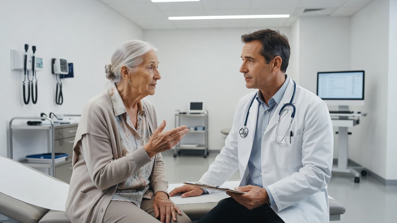An elderly patient sits in a bright exam room chair while a professional doctor in a white coat listens attentively. They are engaged in a supportive, face-to-face medical health conversation.