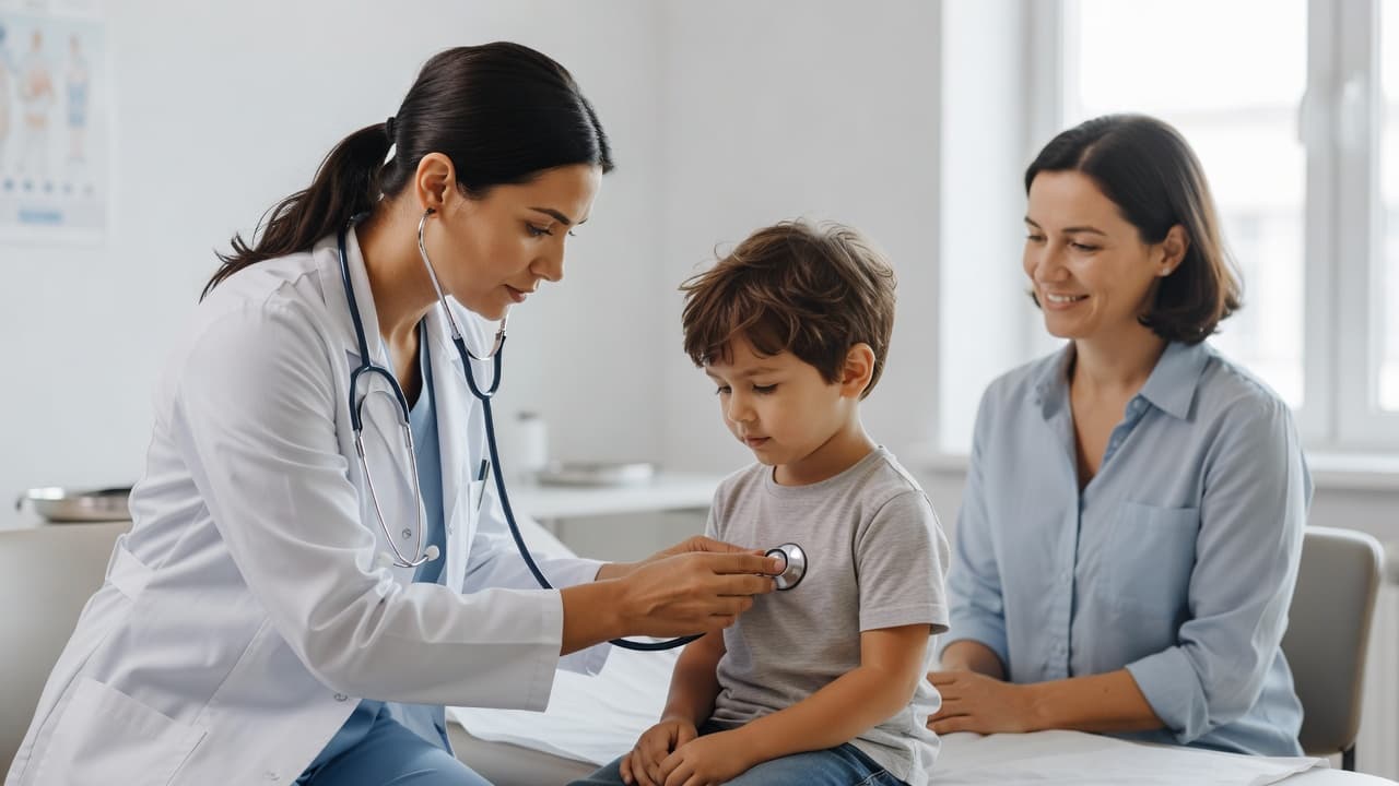 A doctor in a white coat uses a stethoscope to examine a young child's chest. A parent watches calmly from a chair in the background of the bright, professional medical office.