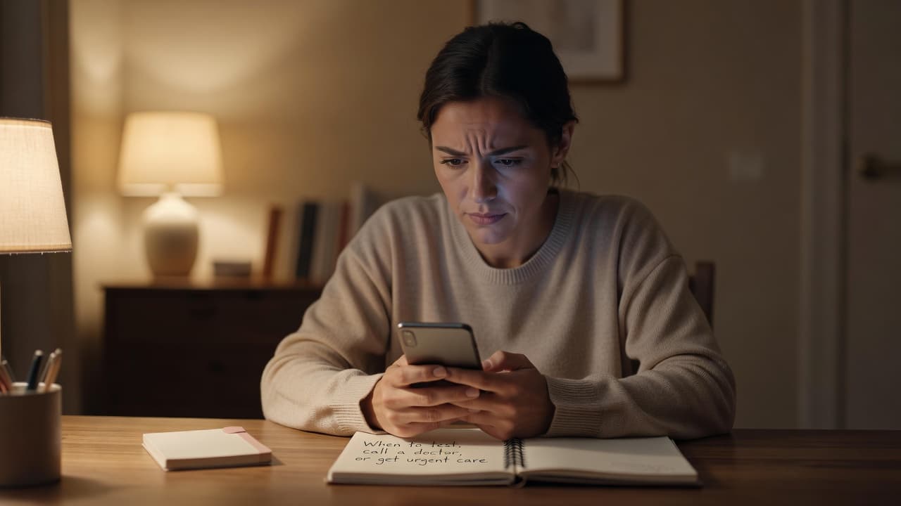 A person sits at a desk holding a smartphone with a serious look, contemplating medical symptoms. A small pink desk accessory rests nearby in a cozy room with soft, warm lighting.