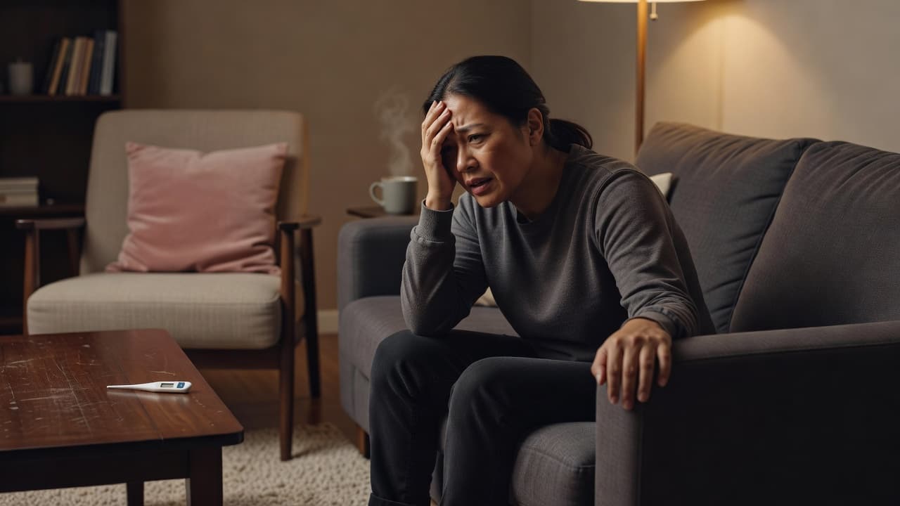 A person sits slumped on a sofa appearing unwell, with a clinical thermometer resting on the nearby coffee table. A soft pink pillow adds a subtle accent to the warm, dimly lit room.