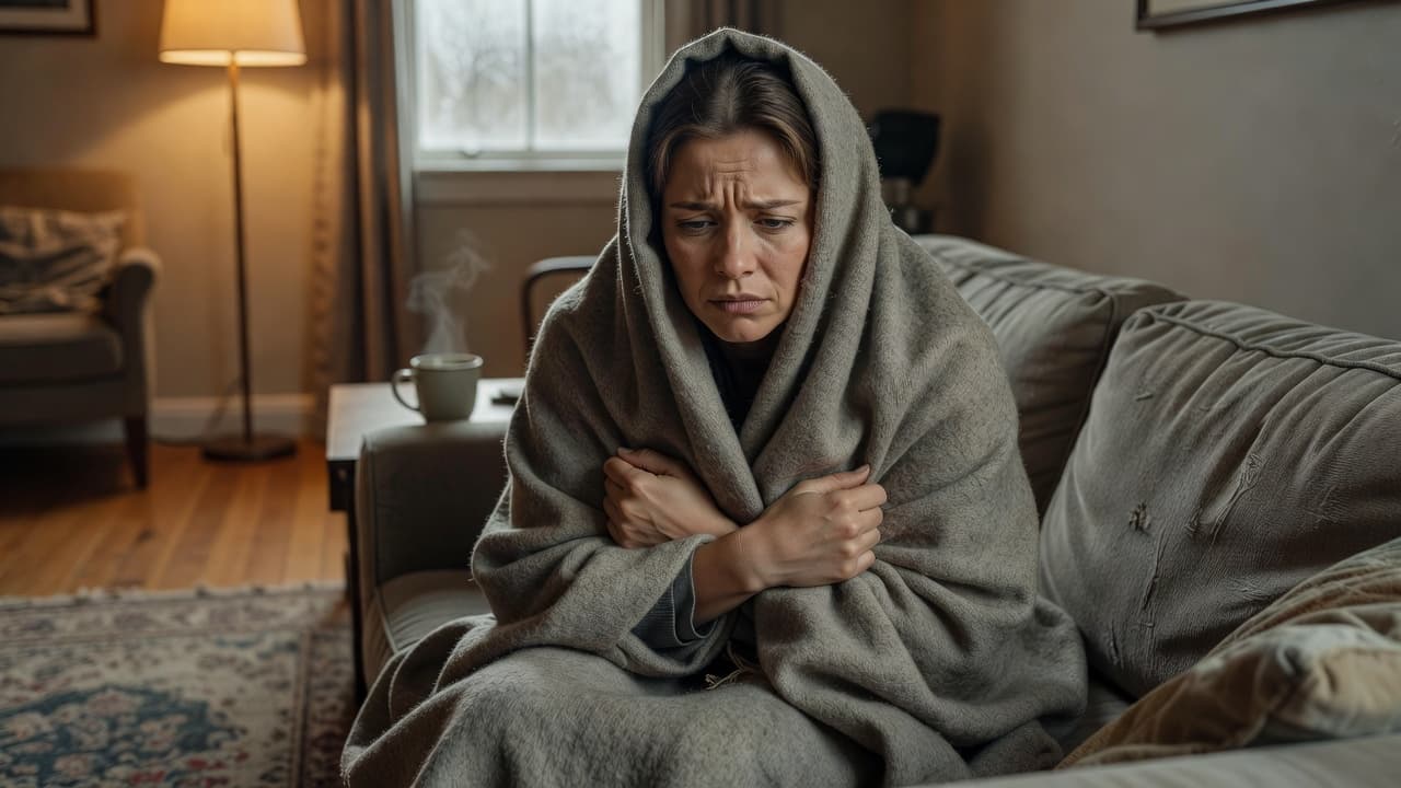 A person sits curled on a plush sofa, tightly wrapped in a thick wool blanket while shivering. The room is dimly lit, emphasizing their visible discomfort and the biting winter chill.