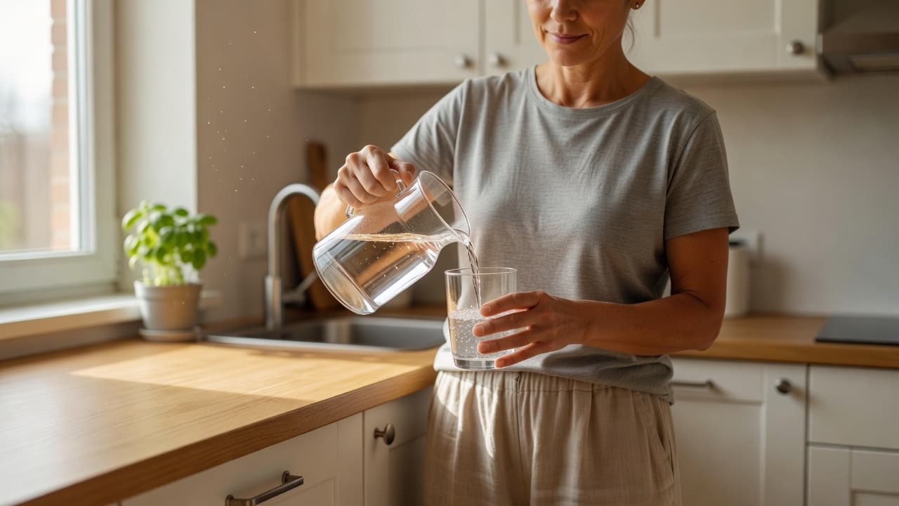 A calm individual pours fresh water from a clear glass pitcher into a tumbler in a sunlit kitchen. Natural morning light spills across the clean countertops, emphasizing a healthy daily routine.