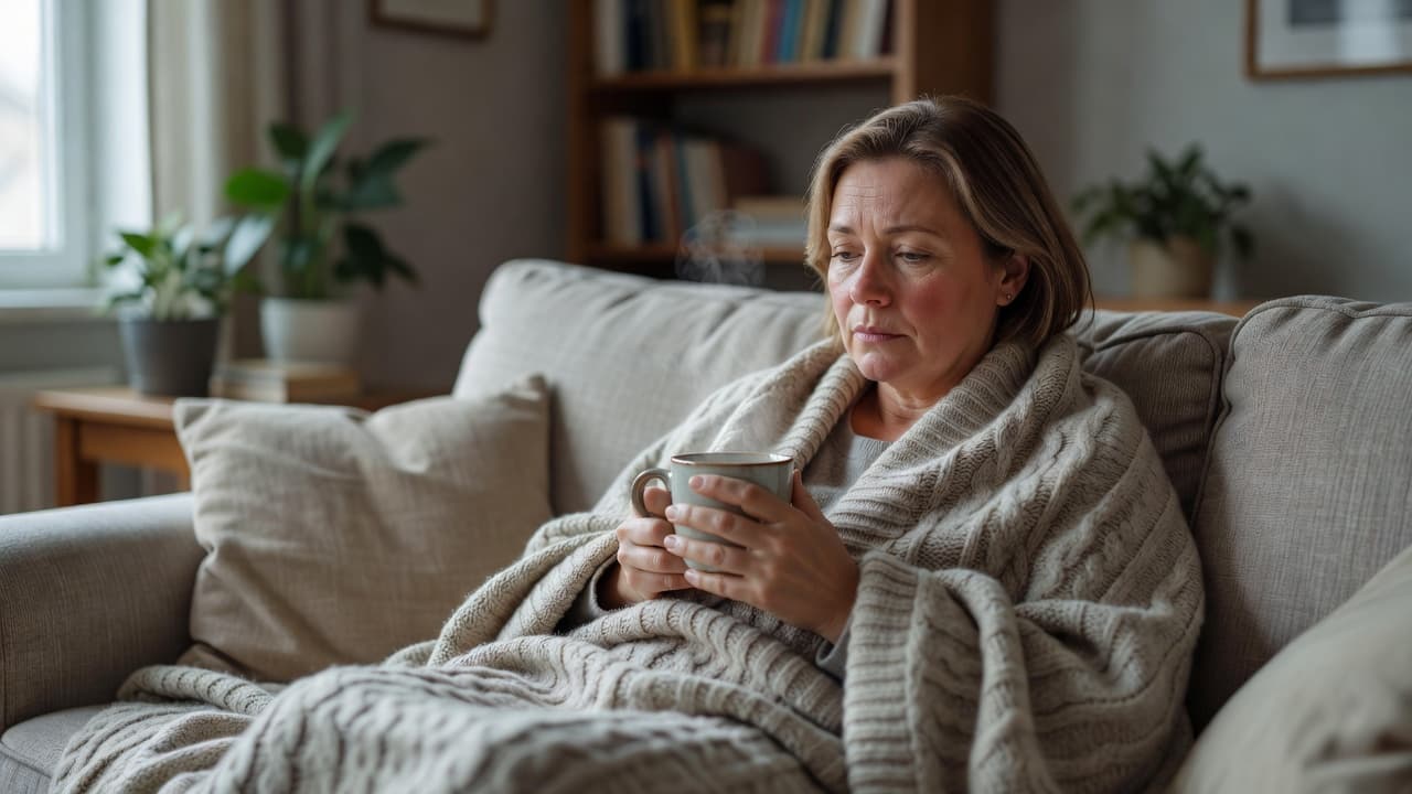 A middle-aged individual relaxes on a plush sofa while holding a steaming ceramic mug. The soft interior lighting creates a calm, cozy atmosphere suitable for recovery during a quiet afternoon indoors.