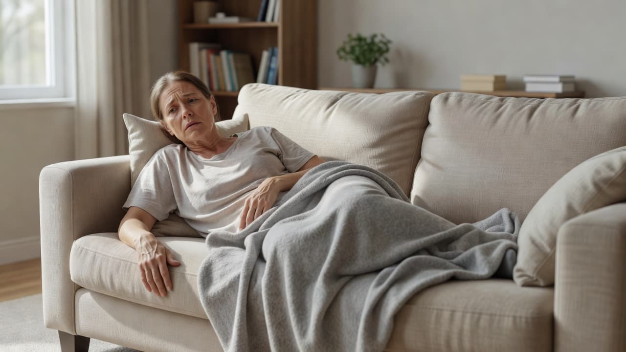 A weary middle-aged individual reclines on a plush sofa, draped in a soft grey blanket. Their expression shows exhaustion, while warm natural sunlight streams through the nearby living room window.