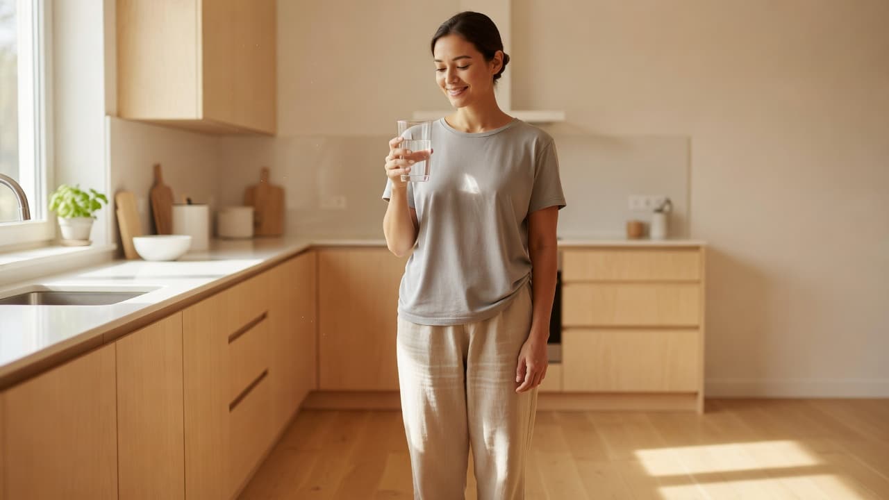 A person in casual clothes stands inside a bright, sun-drenched kitchen while holding a clear glass of water. A gentle smile rests on their face as soft light fills the peaceful room.