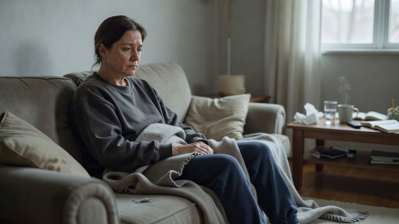 An exhausted individual sits slumped on a living room sofa with a thick blanket draped over their legs. Soft morning sunlight illuminates the room while they struggle with persistent feverish fatigue.