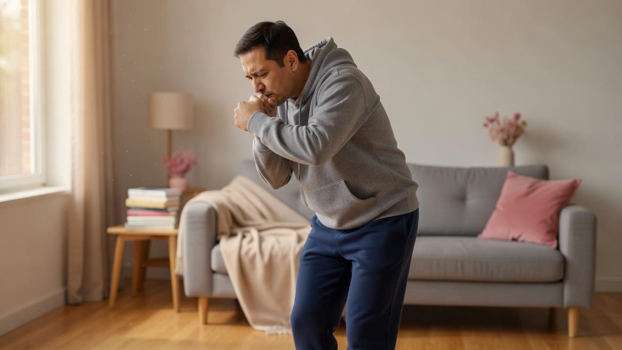A person in comfortable casual clothing turns their head to cough into their elbow inside a bright room. Soft natural sunlight illuminates the space, which features subtle pink decorative accents.