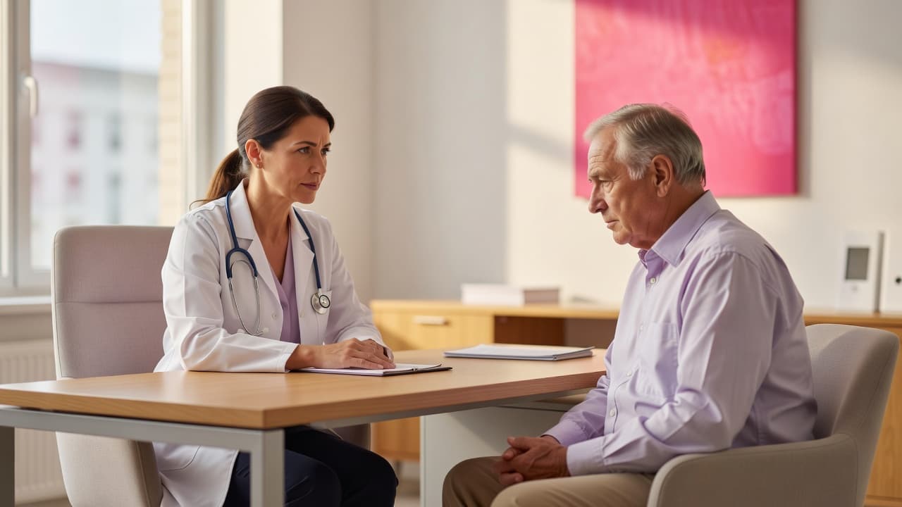 A caring physician sits across from an elderly patient in a sunlit clinic office, discussing health concerns. A soft pink accent wall frames the professional interaction between the two individuals.