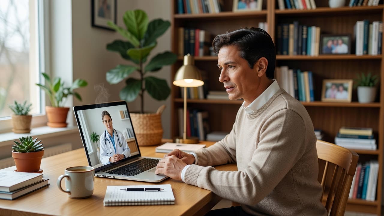 An adult sits at a home desk, intently speaking into a laptop during a virtual medical appointment. The warm office environment features soft, natural light and a shallow depth of field.