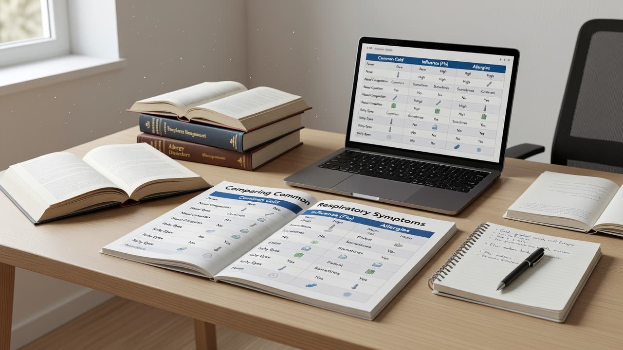 A clean desk displays a printed comparative guide detailing symptoms for colds, flu, and allergies. Soft natural sunlight illuminates the chart, creating a calm environment for medical research and health analysis.