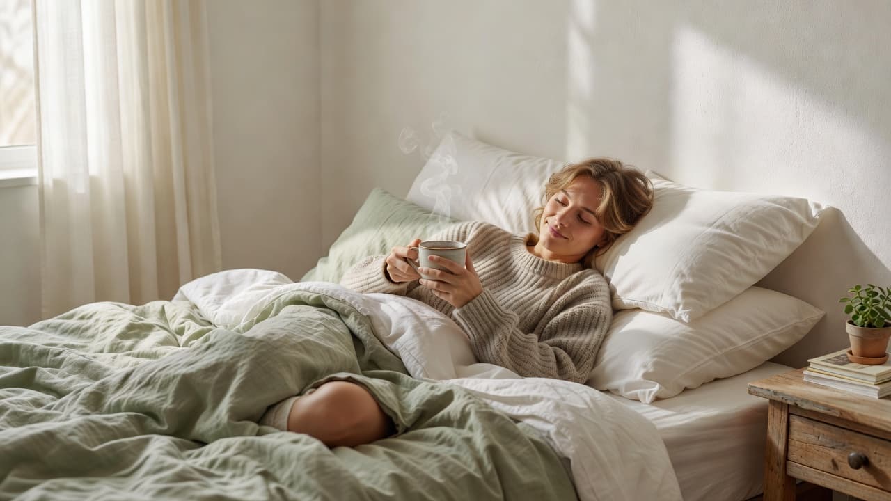A calm individual sits propped up by plush pillows, cradling a steaming mug of herbal tea in their hands. Soft morning light fills the cozy bedroom, highlighting a peaceful recovery environment.