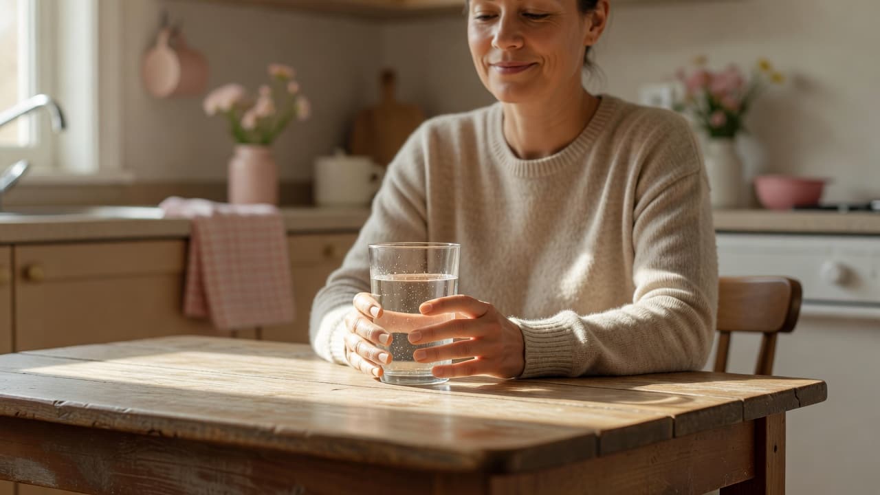 A calm individual sits at a wooden table in a sunlit kitchen, holding a clear glass of water with both hands. Soft pink decor accents appear in the blurred background environment.
