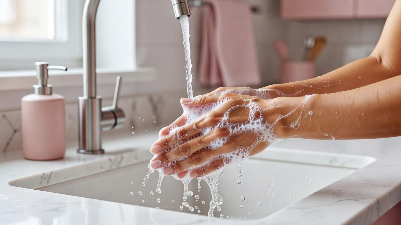 A person scrubs their hands with thick white soap bubbles under a steady stream of running water in a bright kitchen. Soft pink accents are visible in the blurred modern background.