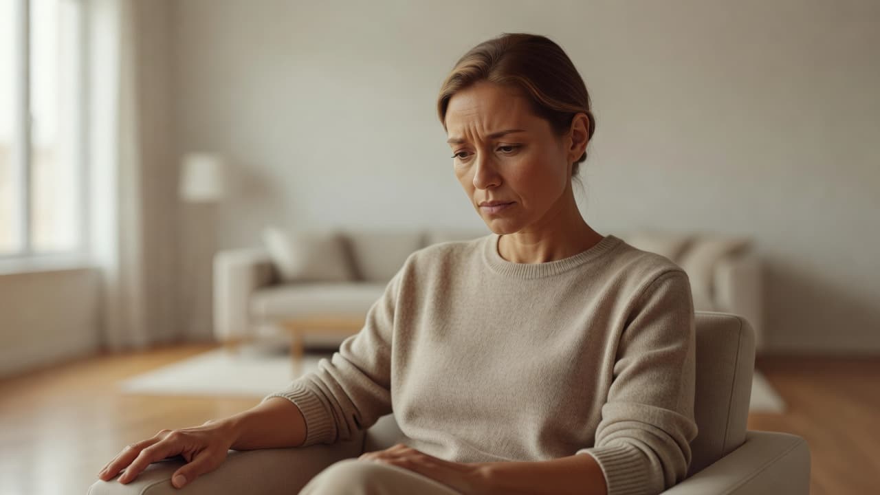 A focused individual sits within a sunlit contemporary living space, wearing a pensive expression. The background features blurred architectural lines and neutral tones to emphasize their concentrated gaze and deep reflection.