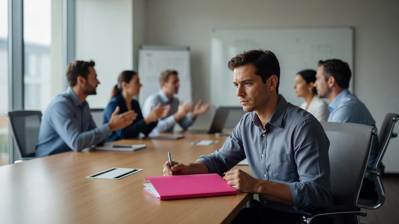 A professional in a crisp shirt sits at a boardroom table looking hesitant while colleagues discuss business. A vibrant pink folder rests on the table, contrasting with the neutral office surroundings.