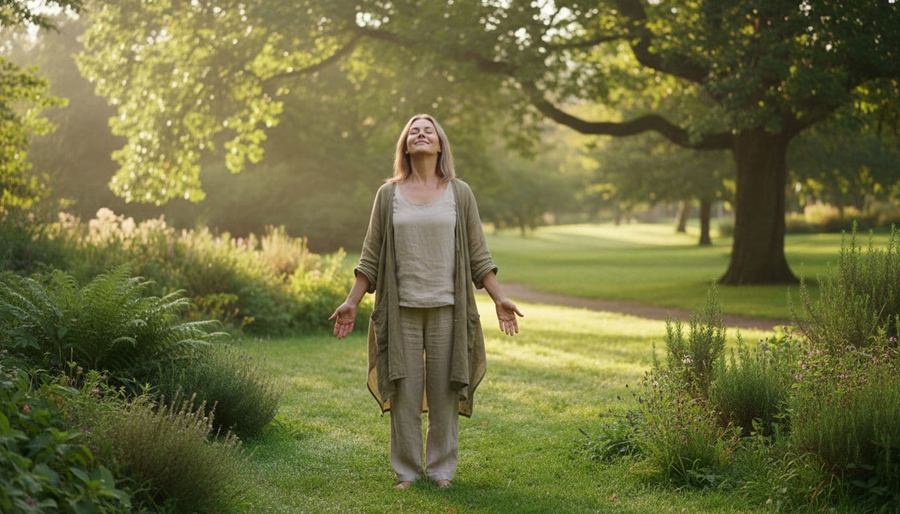 Serene middle-aged adult standing in a lush green park with eyes closed, inhaling deeply, hands relaxed at sides, soft morning light filtering through trees. Photorealistic full-body composition illustrating relief from better breathing due to a powerful lung support