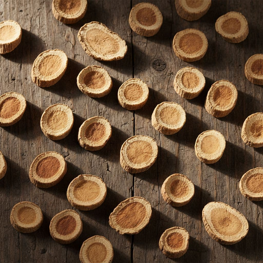 Close-up top-down photorealistic view of dried licorice root slices arranged on a rustic wooden table, with warm natural lighting highlighting their textures. Ideal for showing licorice root preparation for soothing airways.
