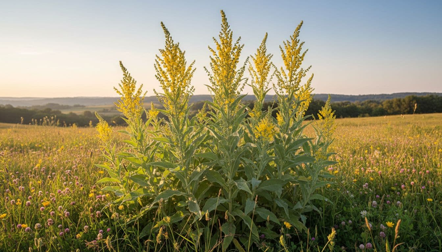 Cluster of tall mullein plants with yellow flowers and fuzzy green leaves in a wild meadow under soft sunlight, photorealistic style, landscape composition visualizing the mullein herb in its natural habitat.