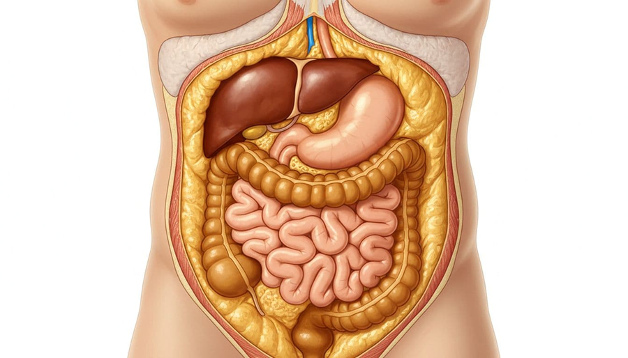Realistic medical illustration of a human midsection cross-section, showing deep visceral fat in warm yellow tones around organs like liver and intestines, contrasted with thinner pale subcutaneous fat under the skin