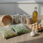 Top-down realistic photograph of a simple wooden kitchen table displaying affordable anti-inflammatory staples like oats, beans, tuna, frozen vegetables, eggs, olive oil, and garlic in natural daylight.