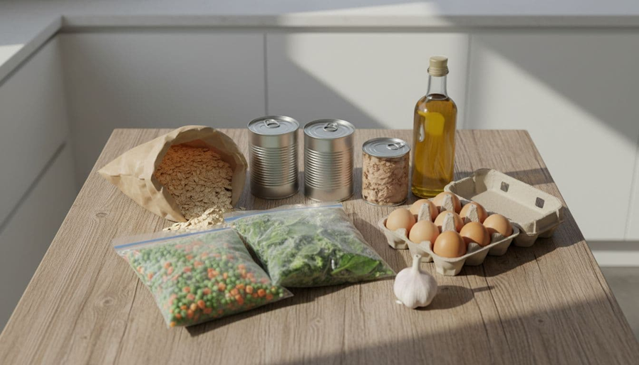 Top-down realistic photograph of a simple wooden kitchen table displaying affordable anti-inflammatory staples like oats, beans, tuna, frozen vegetables, eggs, olive oil, and garlic in natural daylight.
