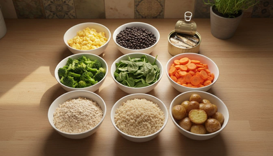 Overhead realistic photo of a cozy kitchen counter with neatly arranged 3 by 3 meal prep ingredients: three proteins (eggs, beans, canned fish), three vegetables (broccoli, spinach, carrots), and three carbohydrates (oats, rice, potatoes) in warm natural light.