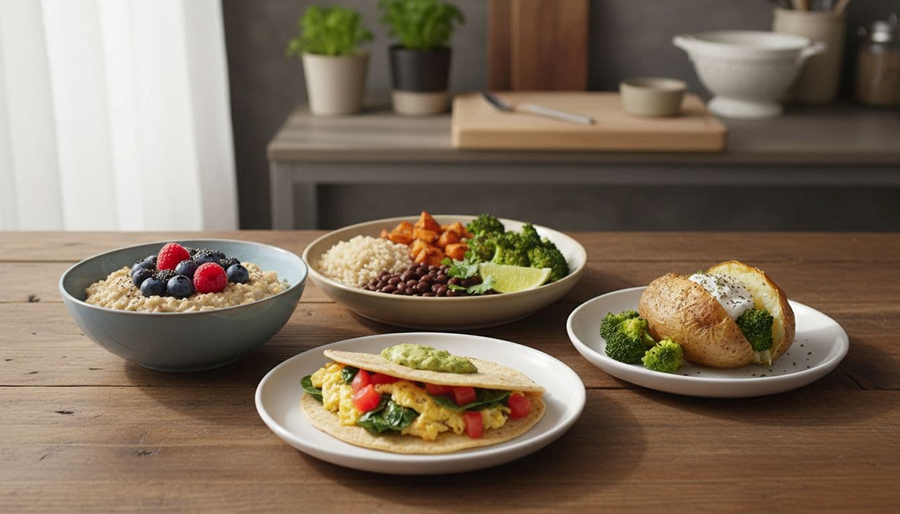 An assortment of easy budget meals on plates including oatmeal with berries, rice bowl with beans and veggies, egg taco with spinach, and baked potato with yogurt and broccoli, photographed realistically in a simple home kitchen with soft lighting, no people or text.