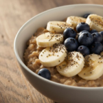Close-up of a single bowl of cooked steel-cut oats topped with fresh blueberries, sliced banana, and chia seeds on a wooden kitchen table in warm morning natural light.