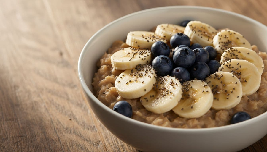 Close-up of a single bowl of cooked steel-cut oats topped with fresh blueberries, sliced banana, and chia seeds on a wooden kitchen table in warm morning natural light.