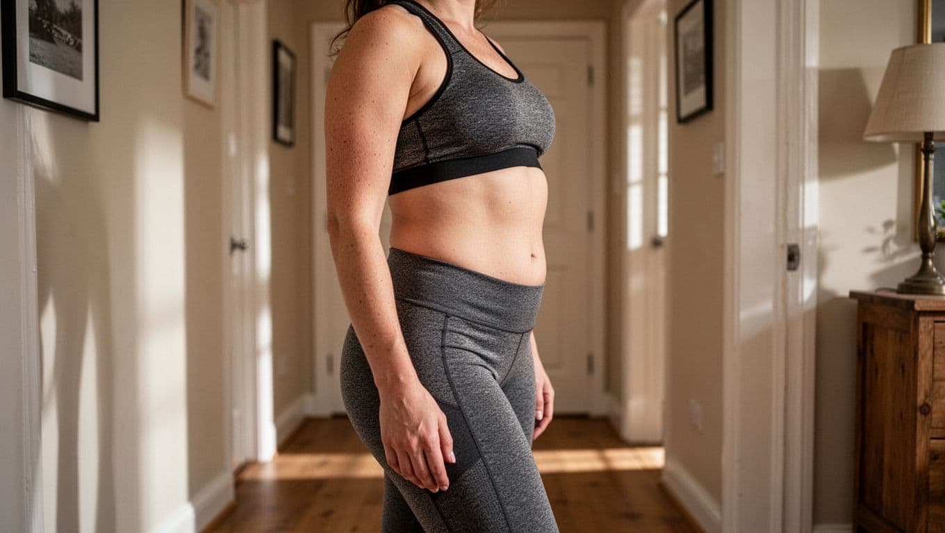 A person stands in a home hallway wearing athletic clothing while observing their midsection. Soft indoor lighting emphasizes realistic skin textures and natural, unposed proportions consistent with metabolic health assessment photography.