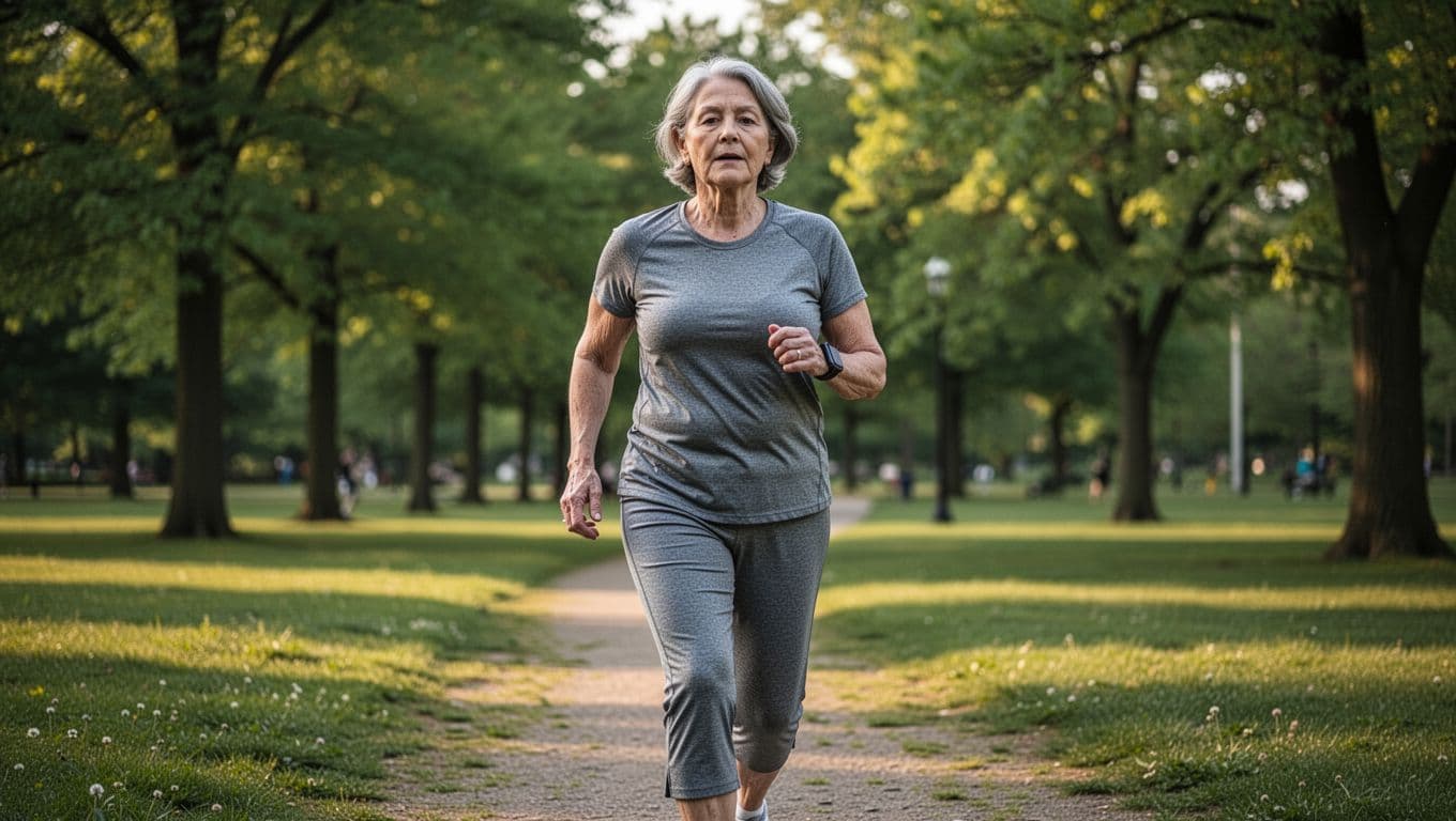 An adult dressed in comfortable athletic apparel walks briskly along a paved path, surrounded by lush green trees. Warm late afternoon sunlight illuminates the scene, highlighting natural skin textures and movement.