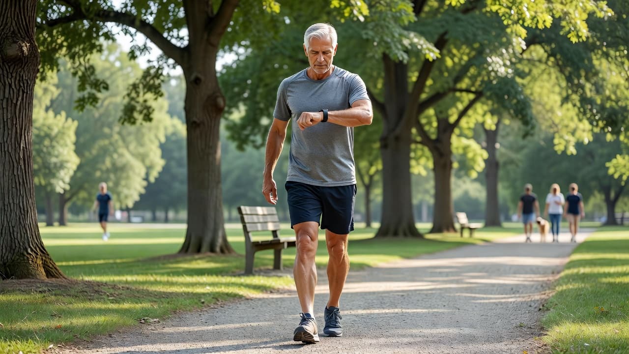 An active senior walks through a sunlit park while looking down at a digital smartwatch to check vital signs. The soft morning light illuminates their face and the lush green background.