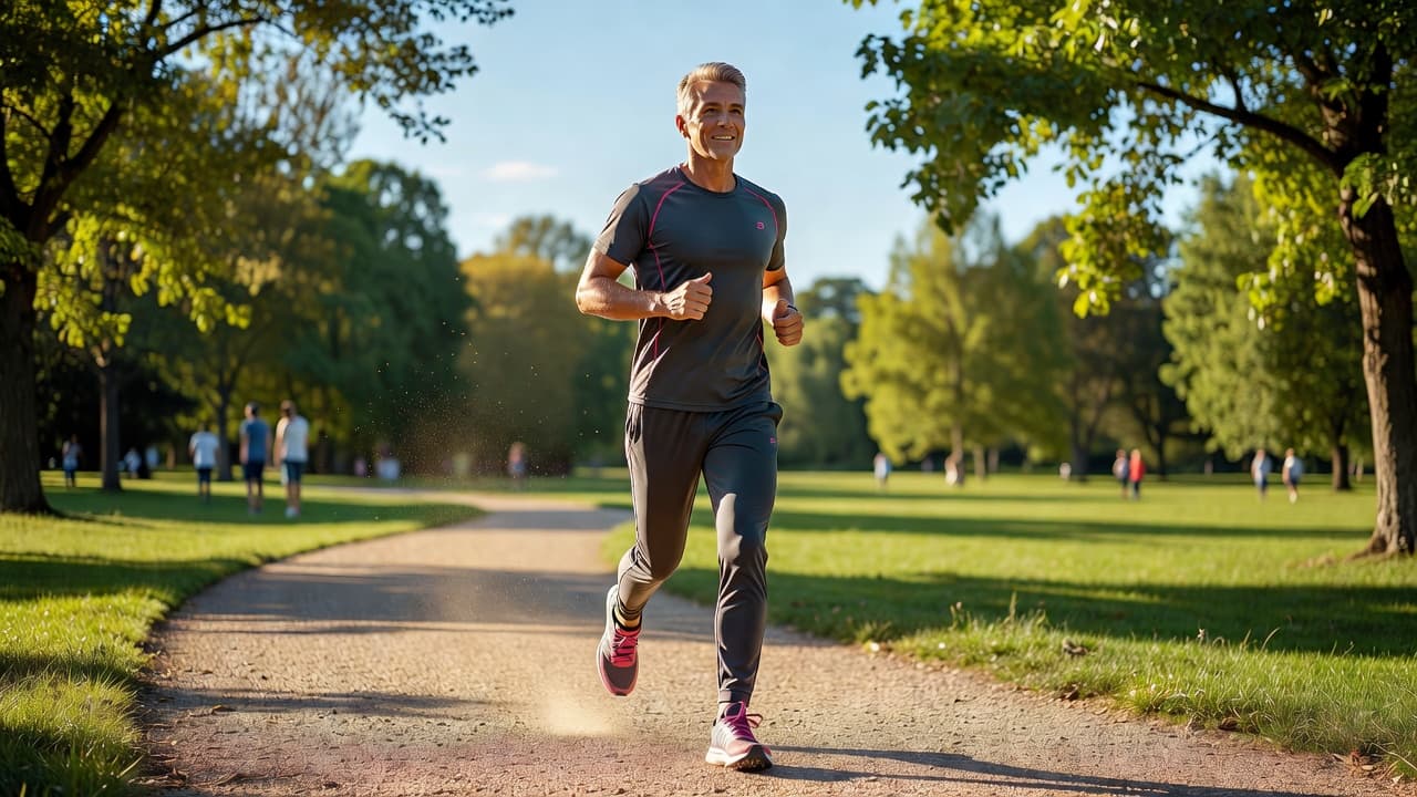A fit person in their fifties jogs through a lush park during a sunny morning. They wear modern athletic clothing with pink accents as sunlight illuminates the natural outdoor scenery.