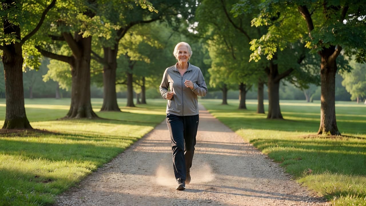 An energetic person in their sixties wearing athletic gear walks briskly along a paved path. Mature trees cast long morning shadows over the vibrant green grass of the quiet park.