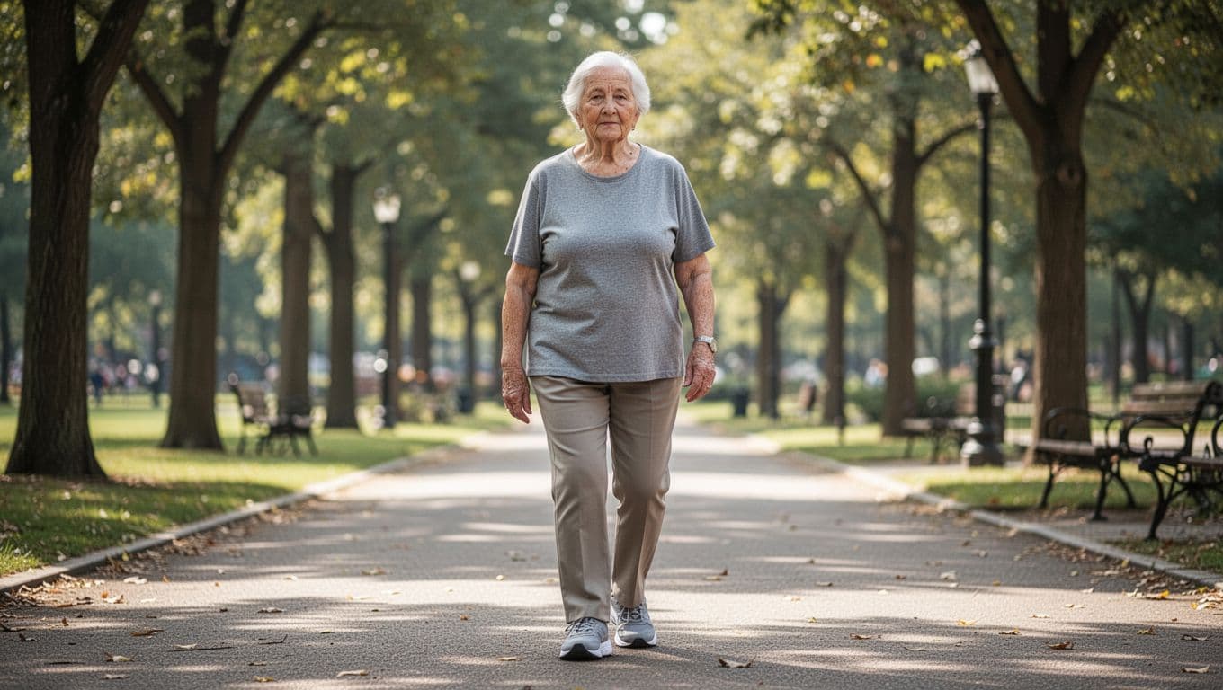 An elderly person wearing athletic sneakers walks along a paved path in a lush green park. The subject maintains a confident, steady posture surrounded by soft bokeh foliage and warm sunlight.