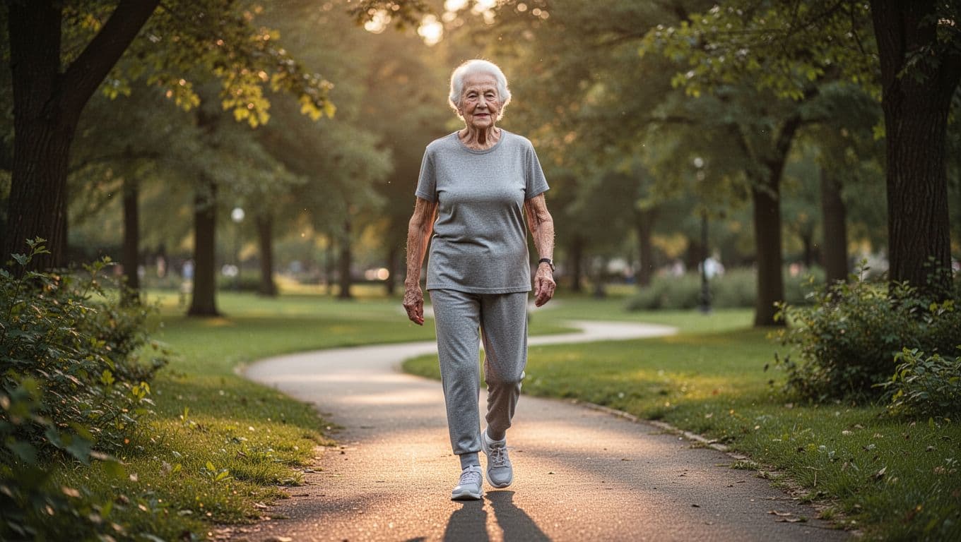 An active older individual in casual exercise clothing briskly traverses a vibrant green park path. The late afternoon sunlight illuminates the natural surroundings, highlighting the subject's determined and healthy posture.