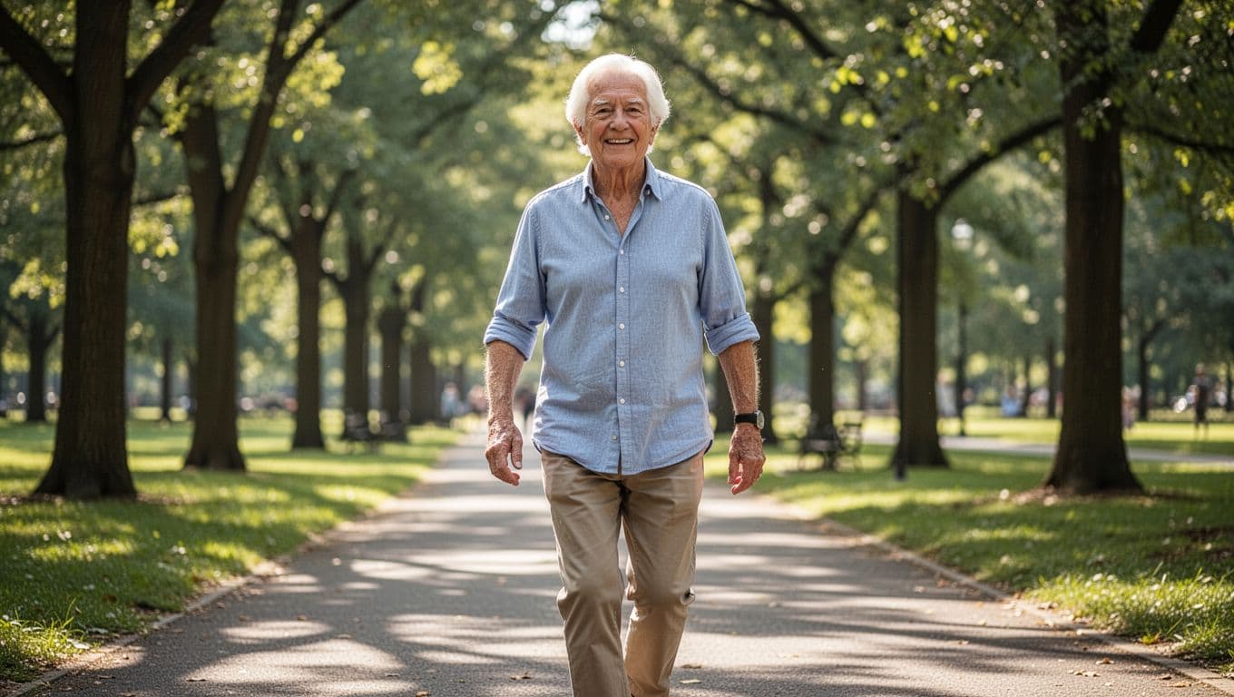 An energetic older individual wearing athletic gear strolls briskly along a winding paved path. Tall green trees line the walkway, casting soft dappled shadows across the ground on this sunny afternoon.